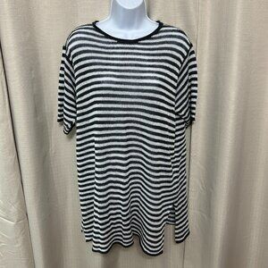 Eileen Fisher Linen Striped Tunic Sweater Women's Size Petite Large Black White
